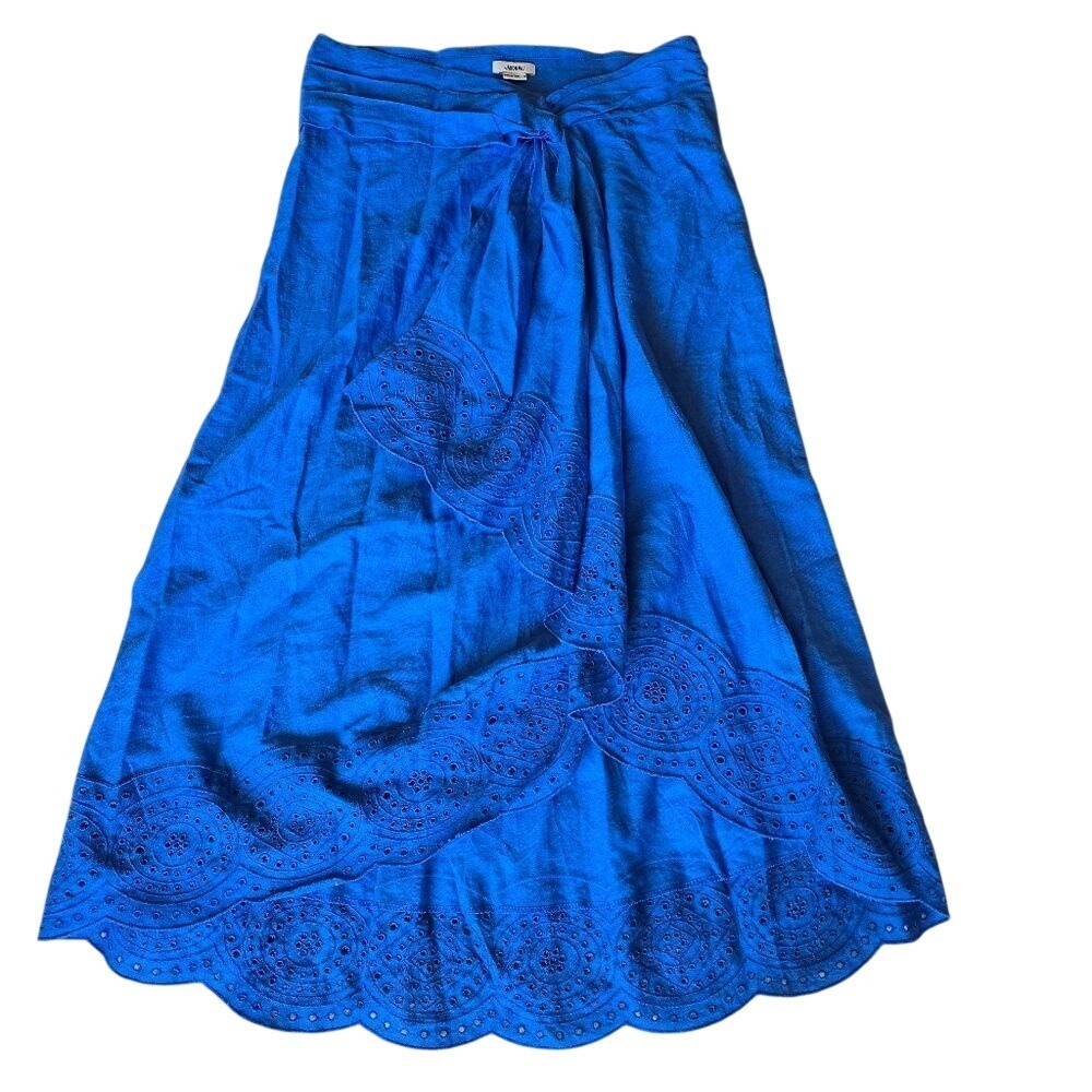 Jason Wu Eyelet Lace‎ Embroidered Hem Boho Linen Blend Blue Midi Skirt Size 10